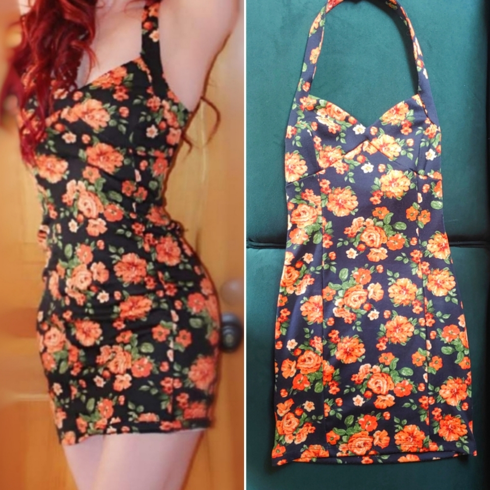 Modcloth Pinup Style floral wiggle pencil mini dress, bodycon, halter neck, sm.